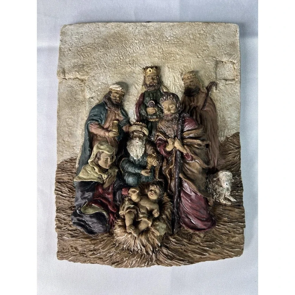 Vintage Nativity Wall Plaque High Relief Holy Family & Three Wise Men 8